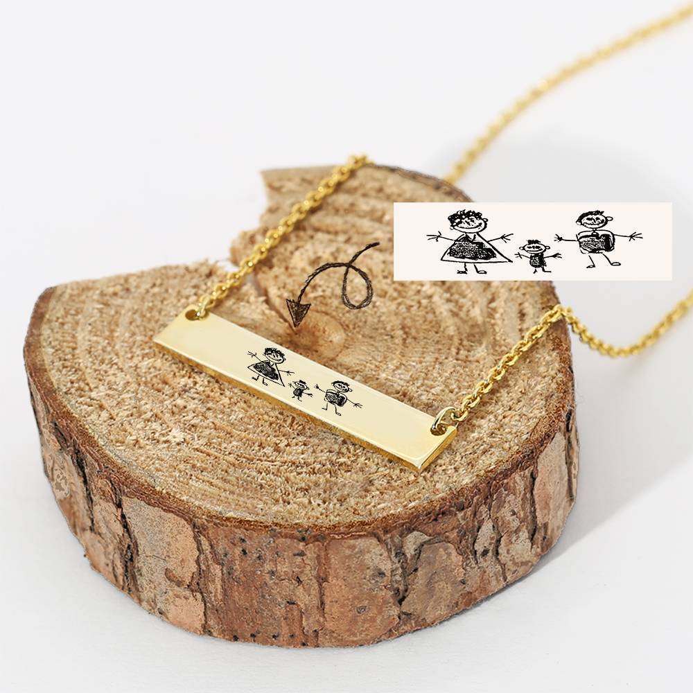 Custom Kids Drawing Photo Neckalce, Children Artwork Bar Neckalce Copper in 14k Gold Plated