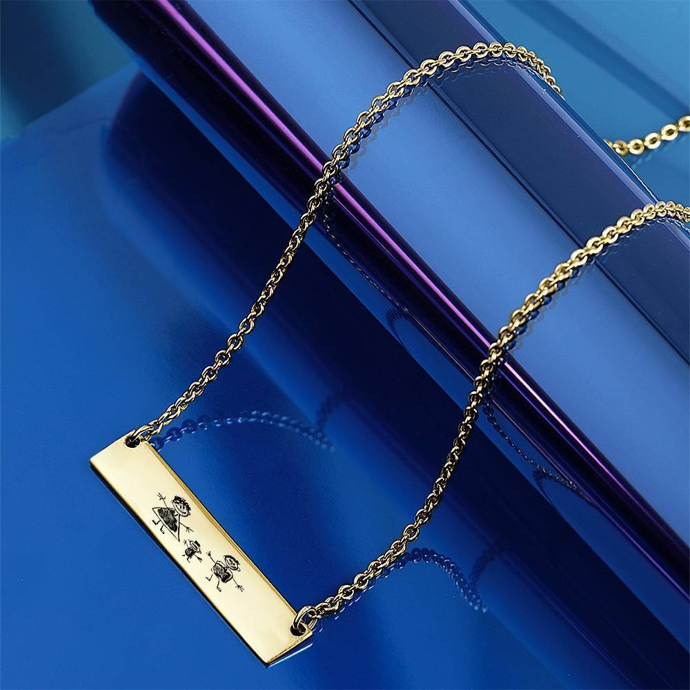 Custom Kids Drawing Photo Neckalce, Children Artwork Bar Neckalce Copper in 14k Gold Plated