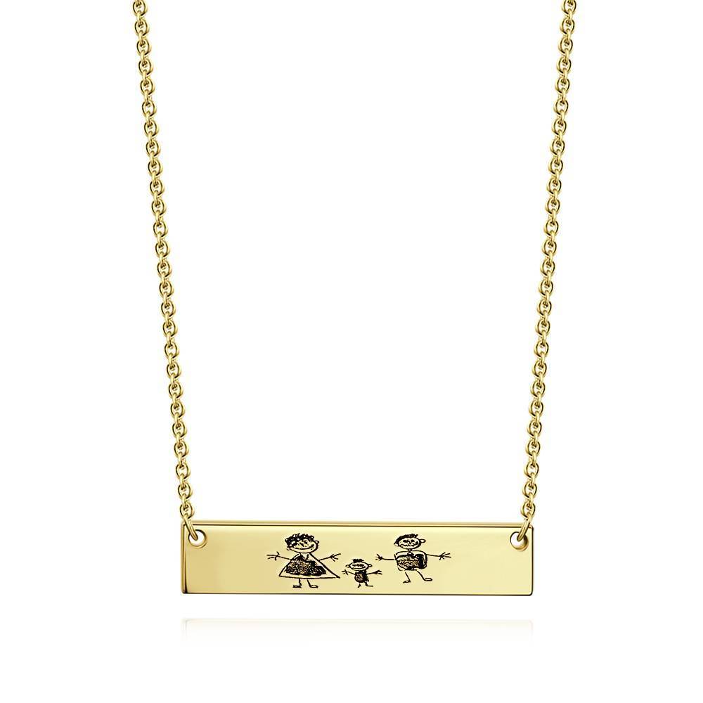Custom Kids Drawing Photo Neckalce, Children Artwork Bar Neckalce Copper in 14k Gold Plated