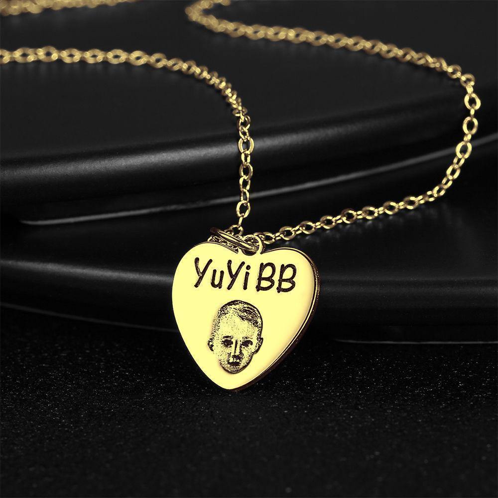 Photo Portrait Necklace with Engraving Heart-shaped, Custom Portrait Jewelry 14K Gold Plated - yournamencklaceuk