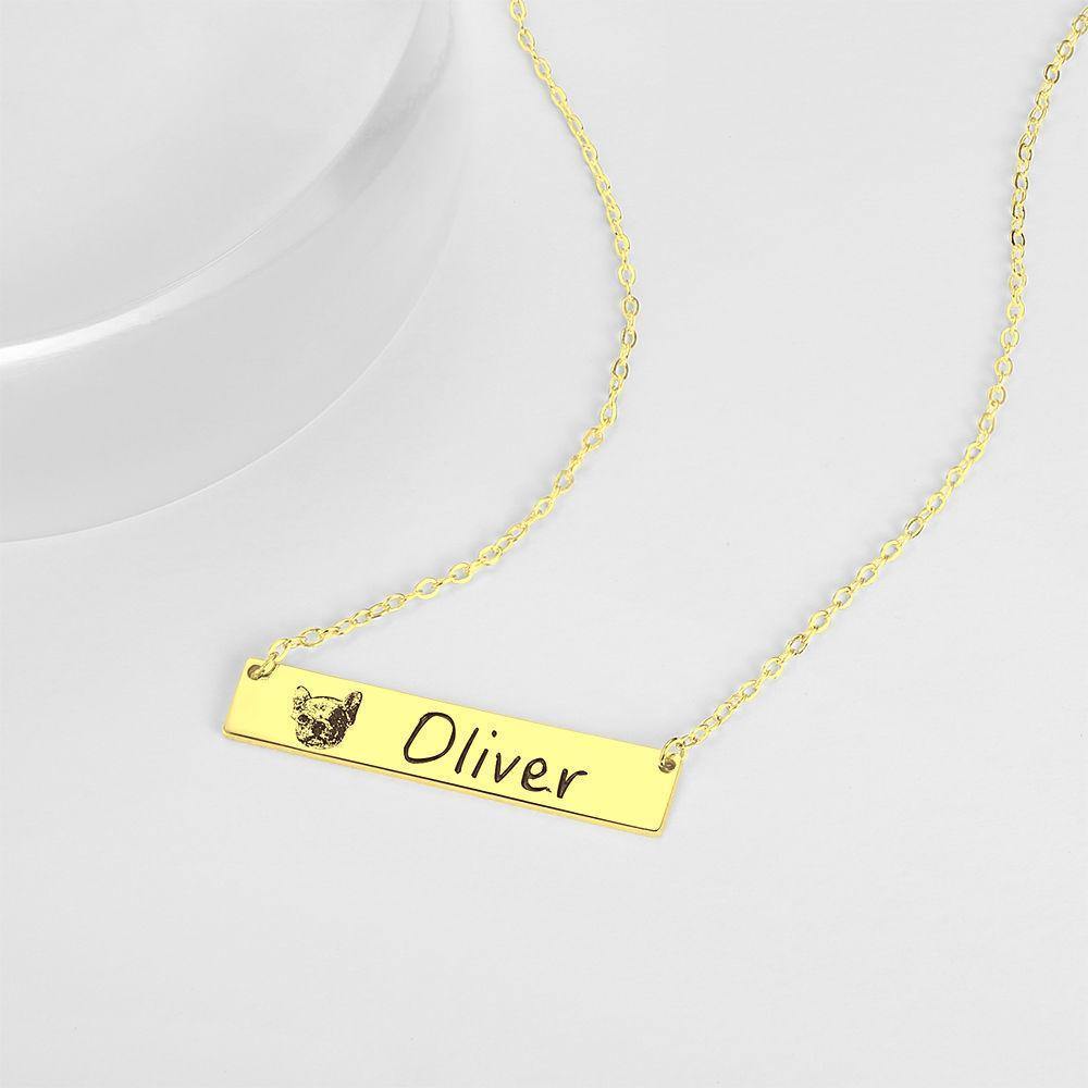 Photo Engraved Necklace, Portrait Bar Necklace 14K Gold Plated - Golden - yournamencklaceuk