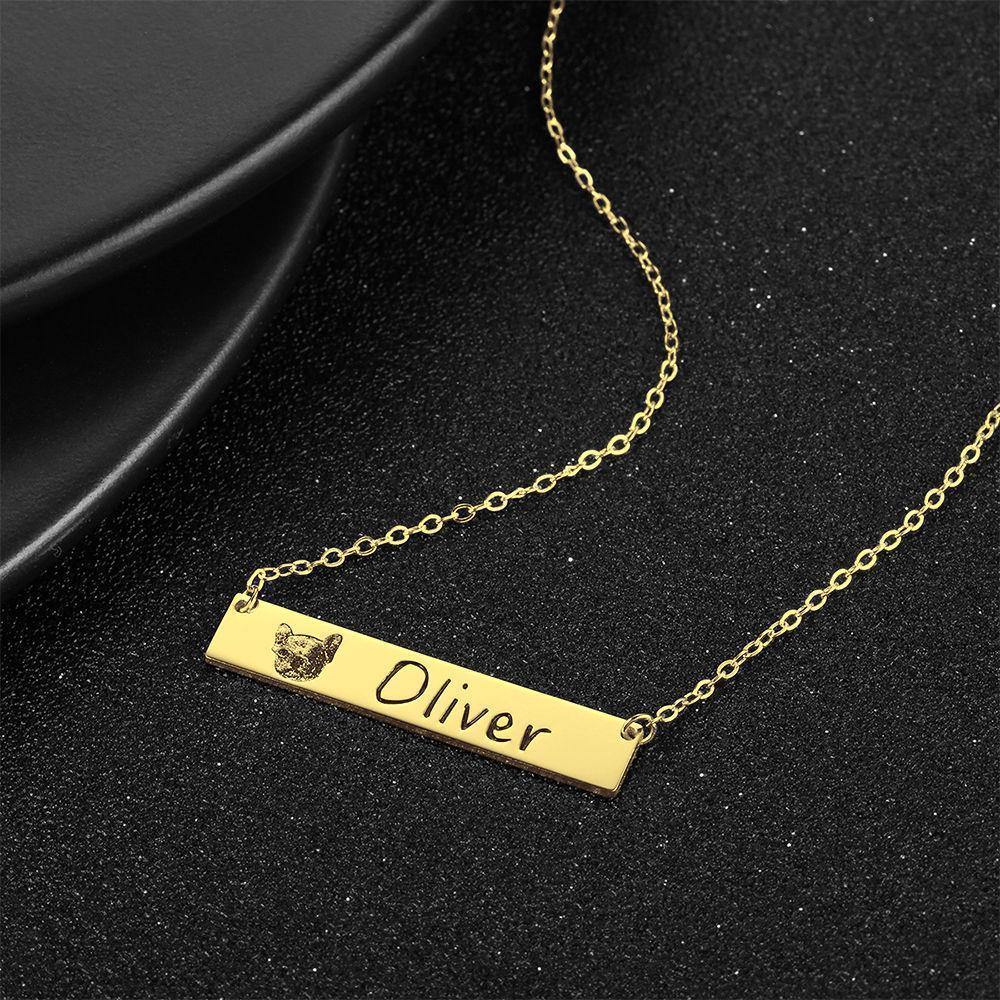 Photo Engraved Necklace, Portrait Bar Necklace 14K Gold Plated - Golden - yournamencklaceuk
