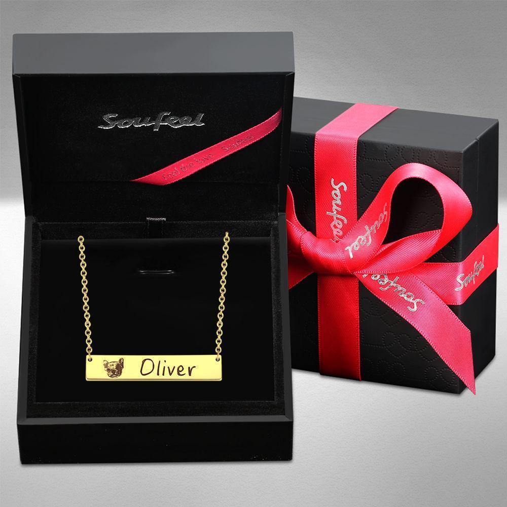 Photo Engraved Necklace, Portrait Bar Necklace 14K Gold Plated - Golden - yournamencklaceuk