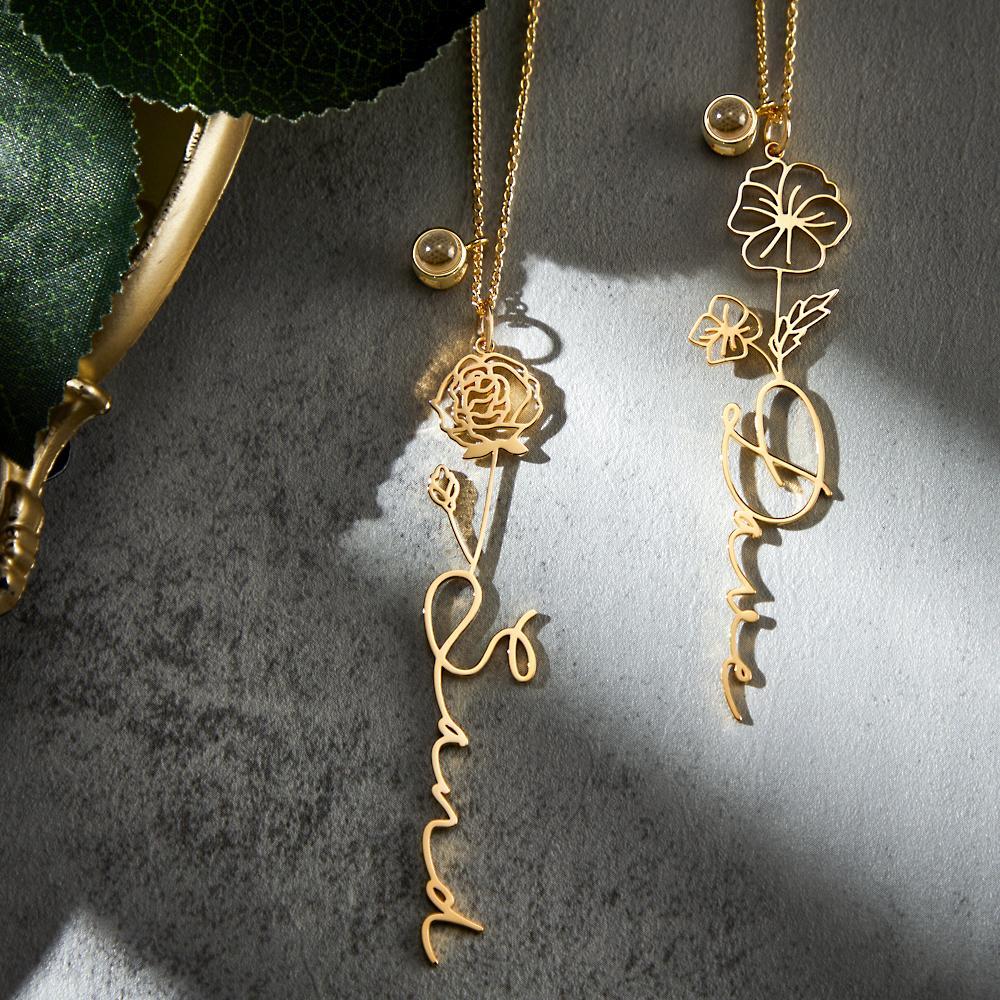 Custom Birth Flower Photo Projection Name Necklace Creative Gift for Women - yournamenecklaceuk