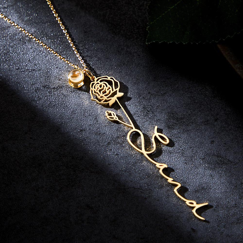 Custom Birth Flower Photo Projection Name Necklace Creative Gift for Women - yournamenecklaceuk