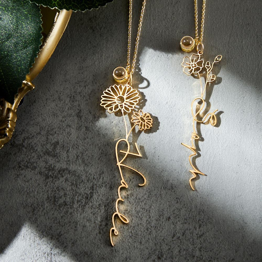 Custom Birth Flower Photo Projection Name Necklace Creative Gift for Women - yournamenecklaceuk