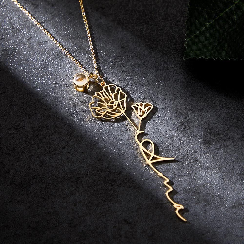 Custom Birth Flower Photo Projection Name Necklace Creative Gift for Women - yournamenecklaceuk