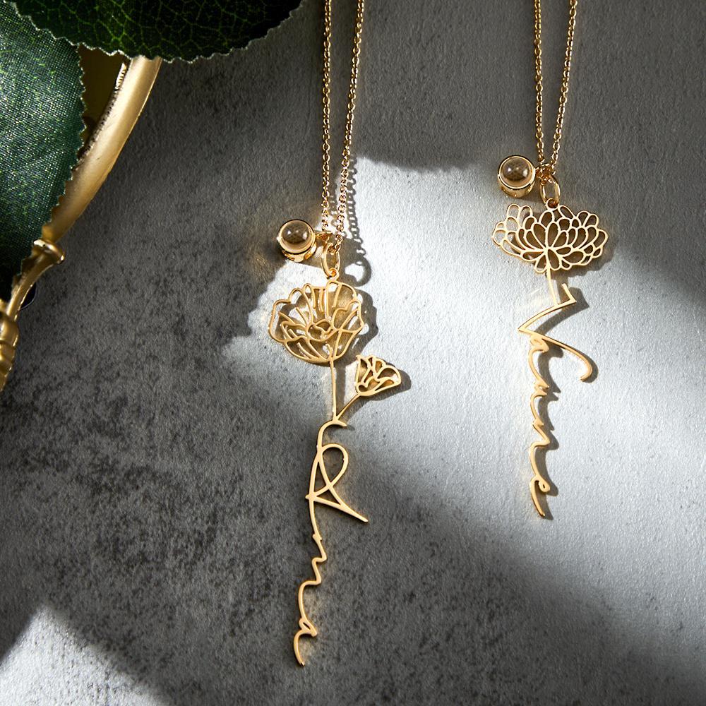 Custom Birth Flower Photo Projection Name Necklace Creative Gift for Women - yournamenecklaceuk