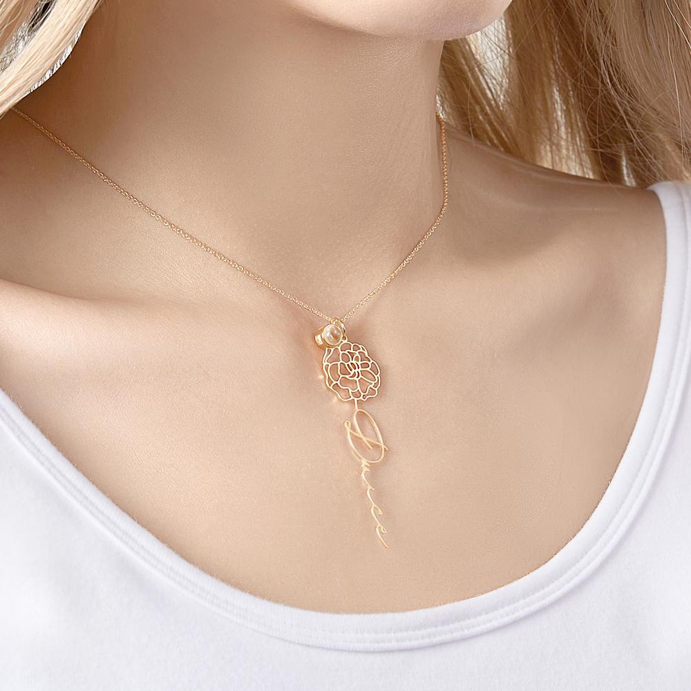 Custom Birth Flower Photo Projection Name Necklace Creative Gift for Women - yournamenecklaceuk