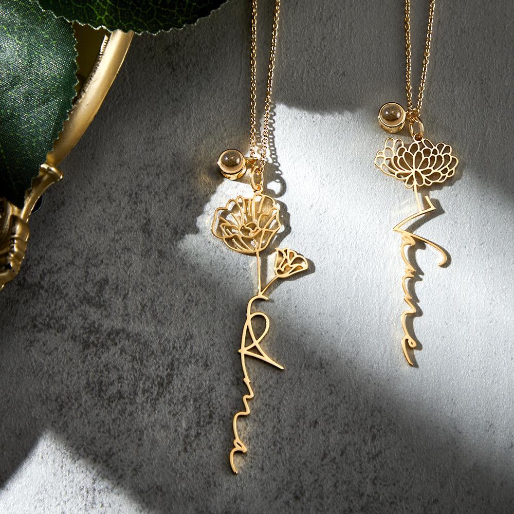 Custom Birth Flower Photo Projection Name Necklace Creative Gift for Women - yournamenecklaceuk