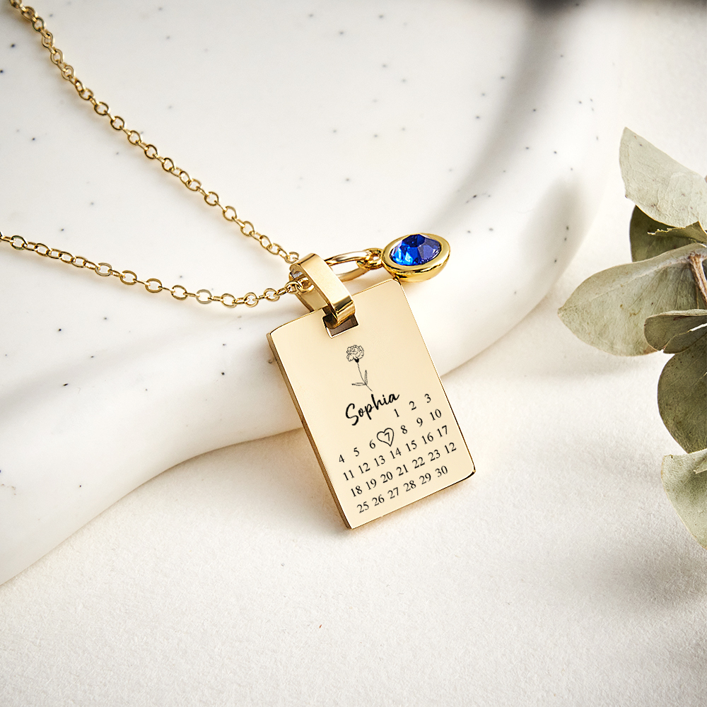 Custom Date & Birthstone Anniversary Necklace Personalized Calendar & Birthstone Necklace Birthday Gift for Her -  NameNecklaceUK