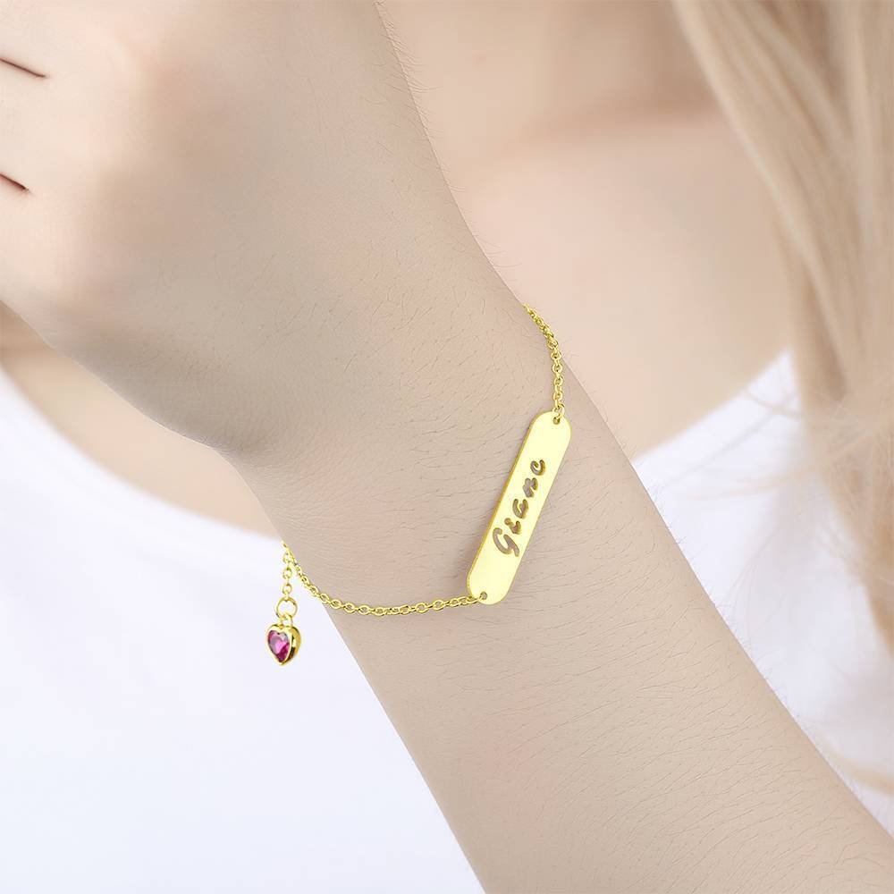 Hollow Carved Bar Name Bracelet with Heart-shaped Birthstone 14K Gold Plated 