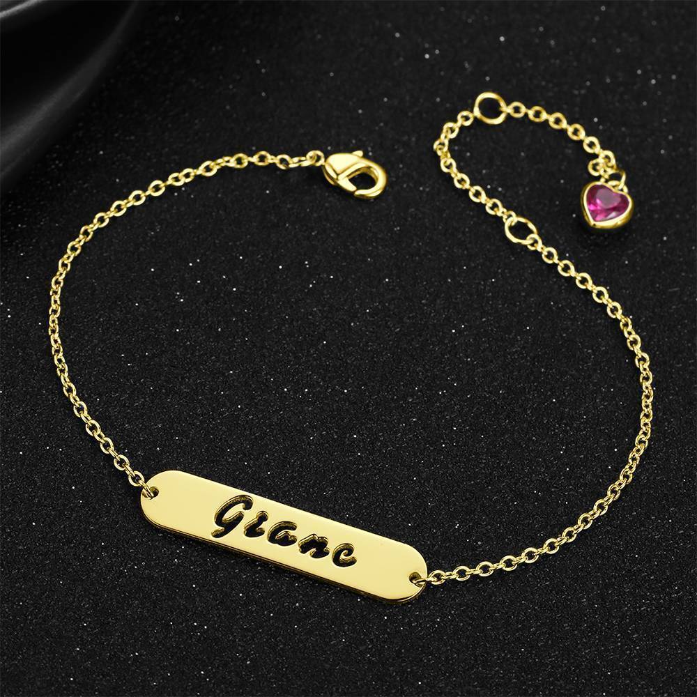 Hollow Carved Bar Name Bracelet with Heart-shaped Birthstone 14K Gold Plated 