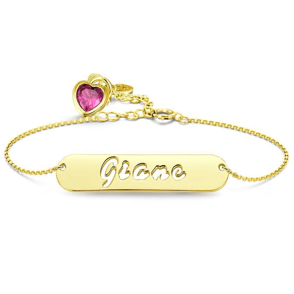 Hollow Carved Bar Name Bracelet with Heart-shaped Birthstone 14K Gold Plated 