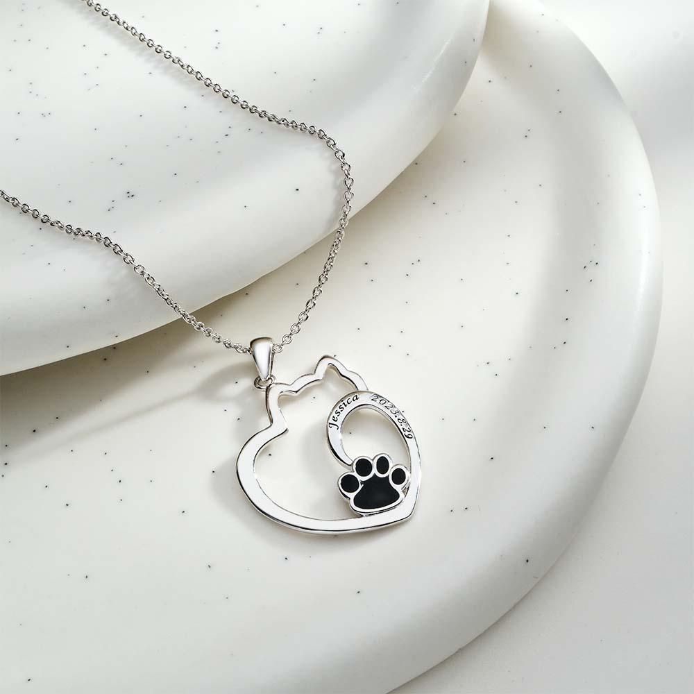 Custom Engraved Cat Contour Necklace With Pet Paw Decor Zircon Necklace Gifts For Her - yournamenecklaceuk