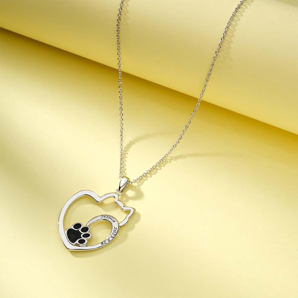 Custom Engraved Cat Contour Necklace With Pet Paw Decor Zircon Necklace Gifts For Her - yournamenecklaceuk