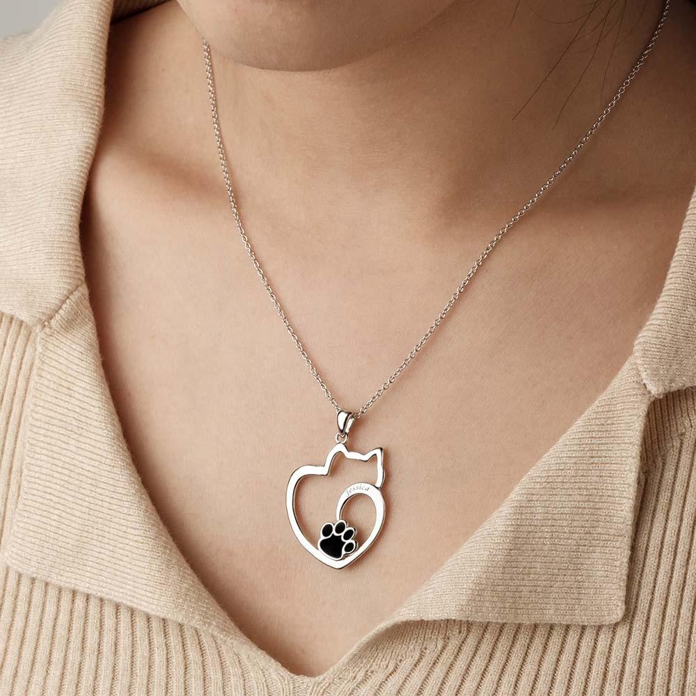 Custom Engraved Cat Contour Necklace With Pet Paw Decor Zircon Necklace Gifts For Her - yournamenecklaceuk