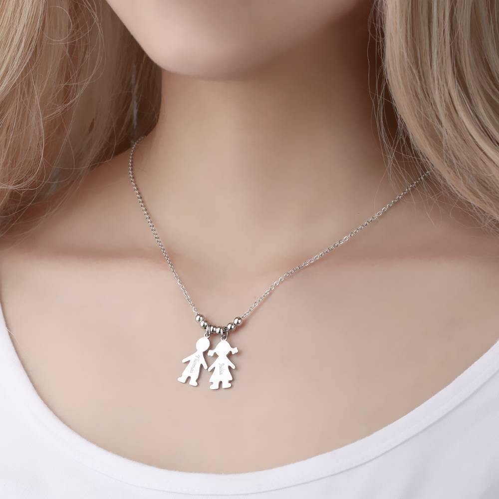 Engraved Necklace, Children Charms Necklace Mom Jewelry Platinum Plated - Silver - yournamenecklaceuk