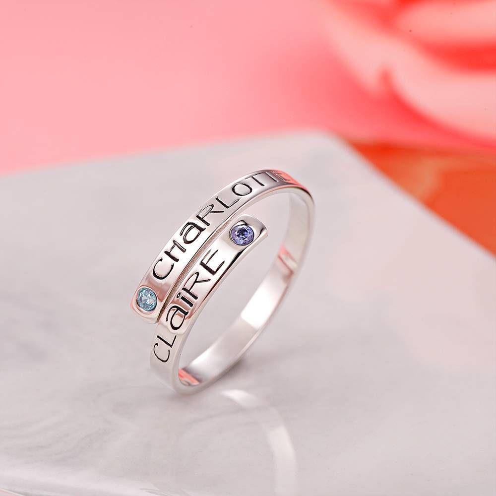 Personalised Birthstone Wrap Ring, Engraved Ring Couple's Gift Platinum Plated - yournamenecklaceuk