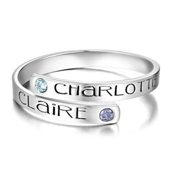Personalised Birthstone Wrap Ring, Engraved Ring Couple's Gift Platinum Plated - yournamenecklaceuk