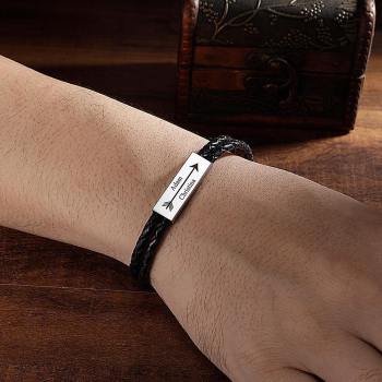 Men's Leather Bracelet Custom Cable Leather Wrap Bracelet, Engraved Name Bracelet Gifts for Him