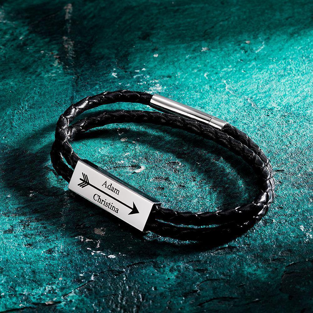 Men's Leather Bracelet Custom Cable Leather Wrap Bracelet, Engraved Name Bracelet Gifts for Him