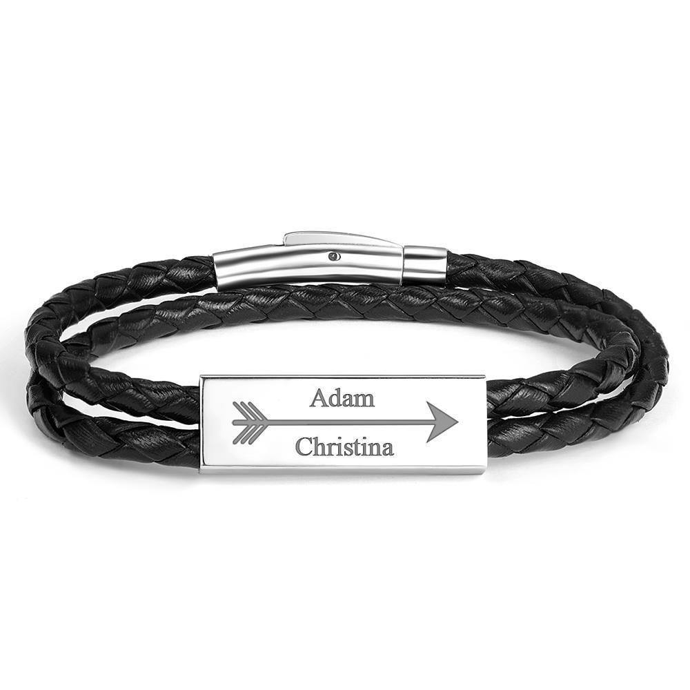 Men's Leather Bracelet Custom Cable Leather Wrap Bracelet, Engraved Name Bracelet Gifts for Him