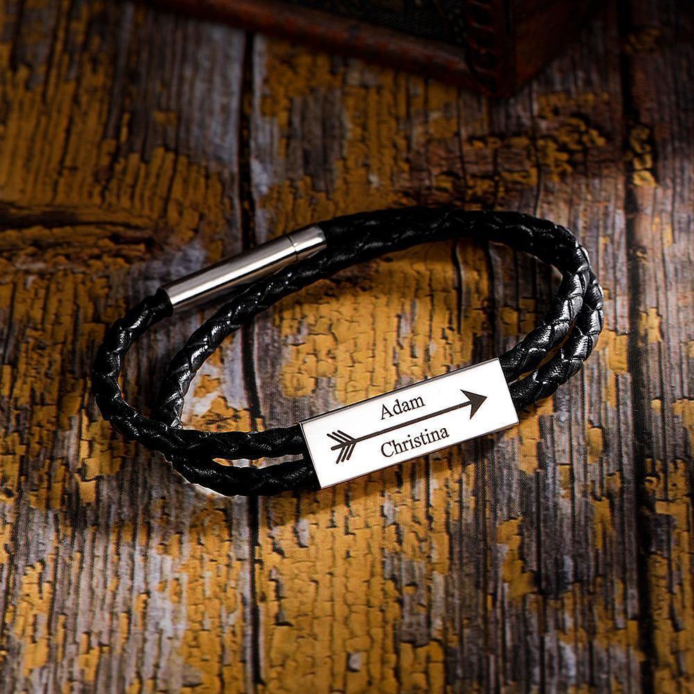 Men's Leather Bracelet Custom Cable Leather Wrap Bracelet, Engraved Name Bracelet Gifts for Him