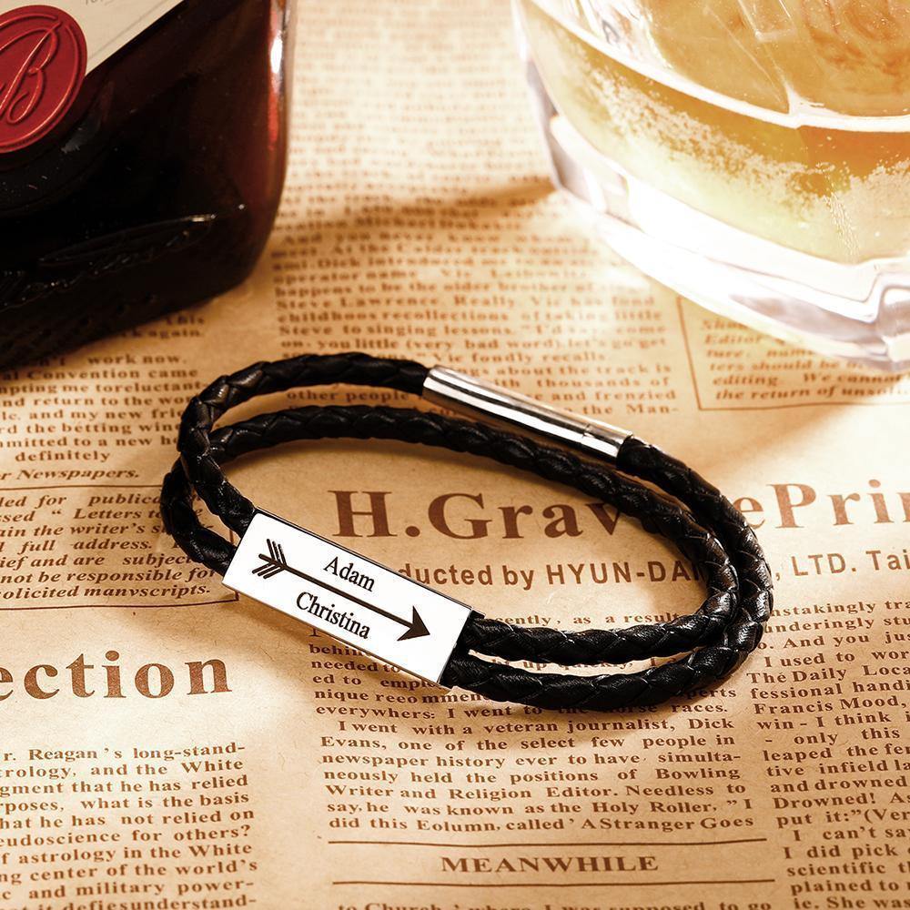 Men's Leather Bracelet Custom Cable Leather Wrap Bracelet, Engraved Name Bracelet Gifts for Him