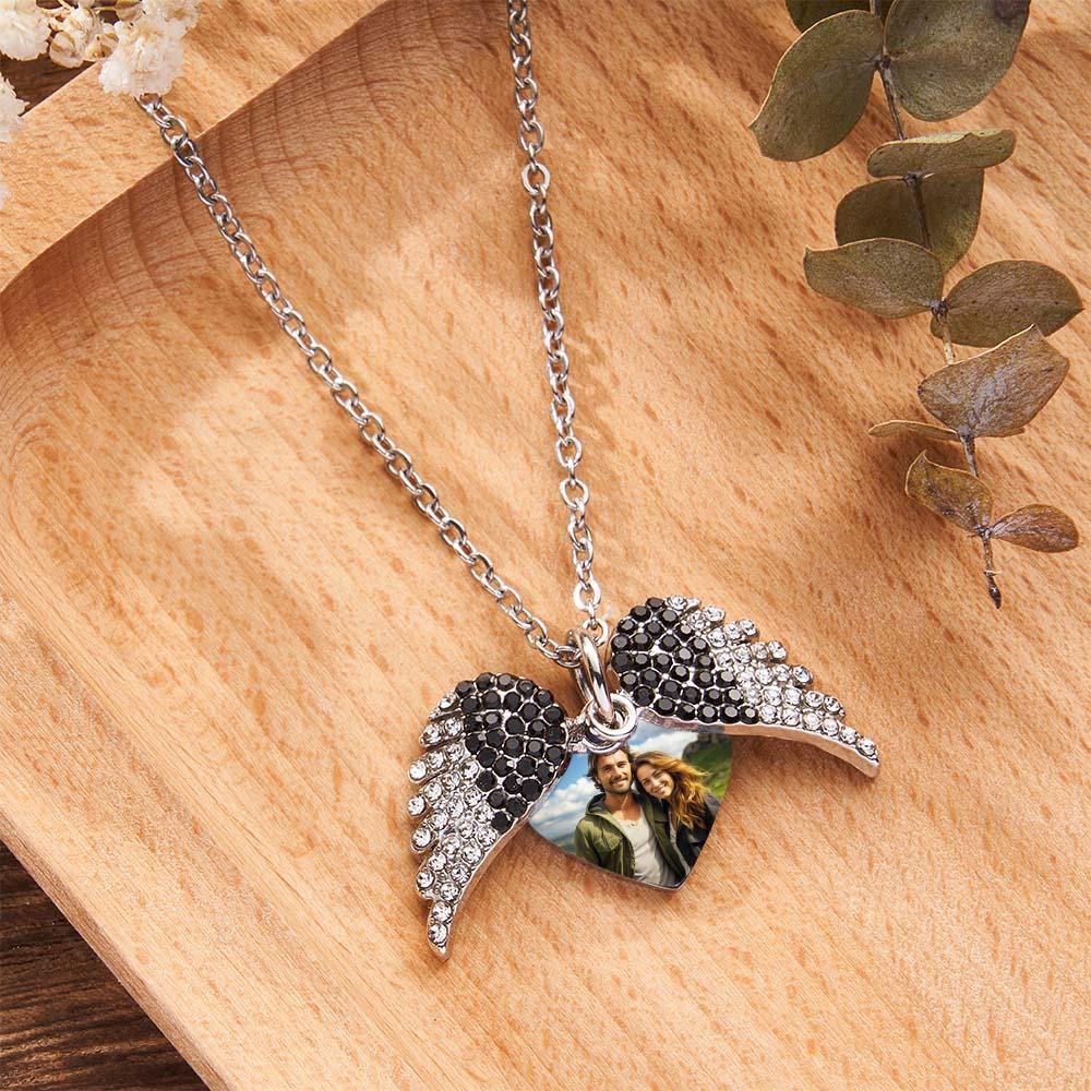 Custom Photo Engraved Necklace Angel Wings Couple Gifts - yournamenecklaceuk