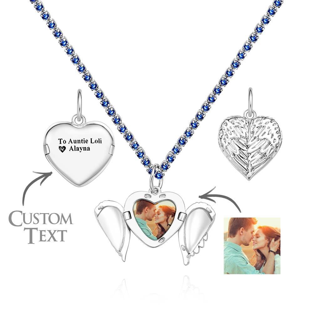 Engravable Photo Locket Necklace Tennis Chain Personalized Heart Angel Wings Gift For Her - yournamenecklaceuk