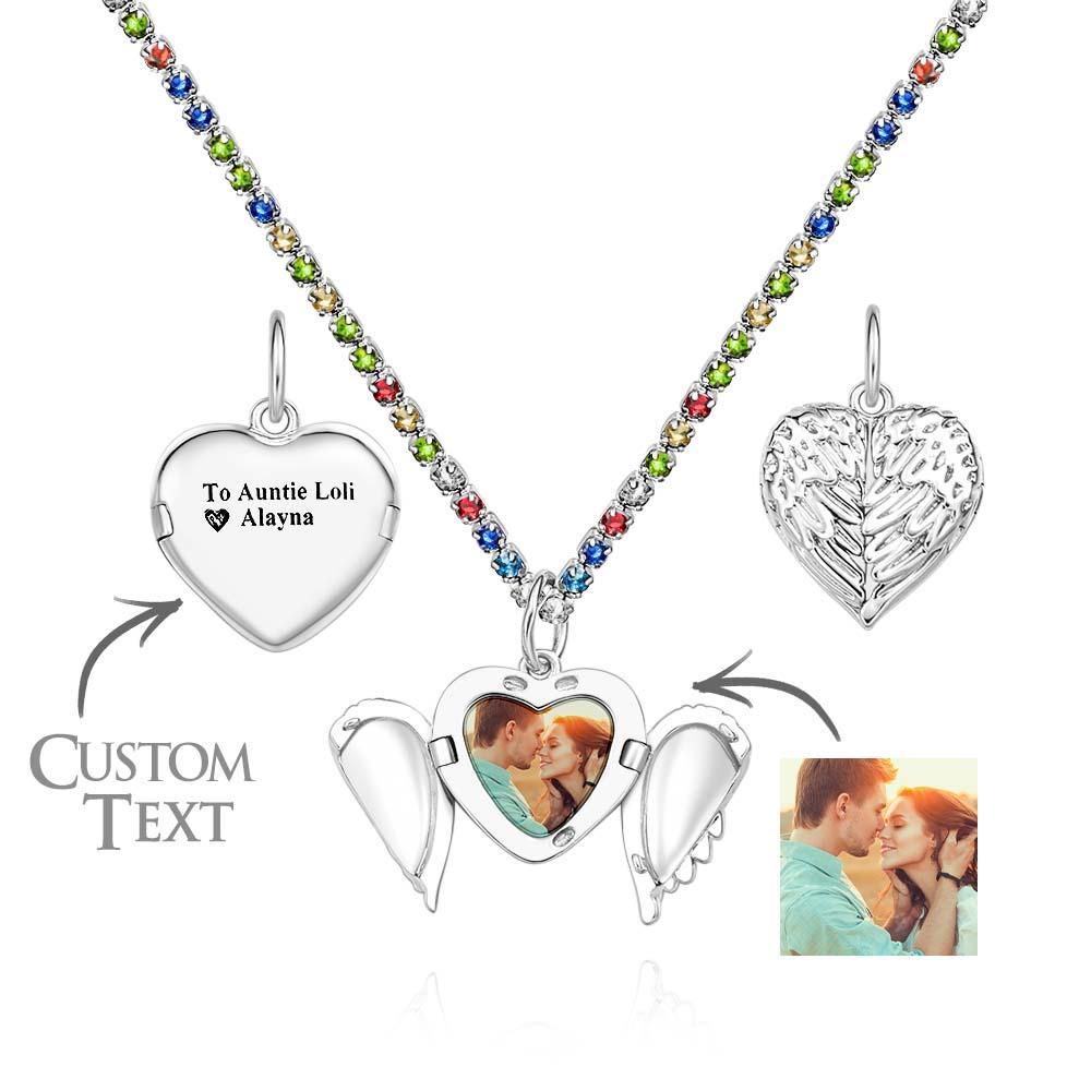 Engravable Photo Locket Necklace Tennis Chain Personalized Heart Angel Wings Gift For Her - yournamenecklaceuk