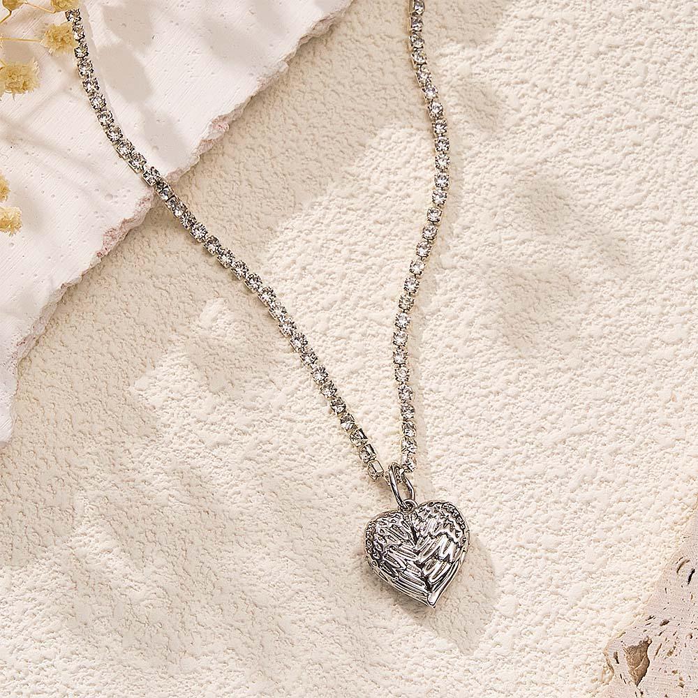 Engravable Photo Locket Necklace Tennis Chain Personalized Heart Angel Wings Gift For Her - yournamenecklaceuk
