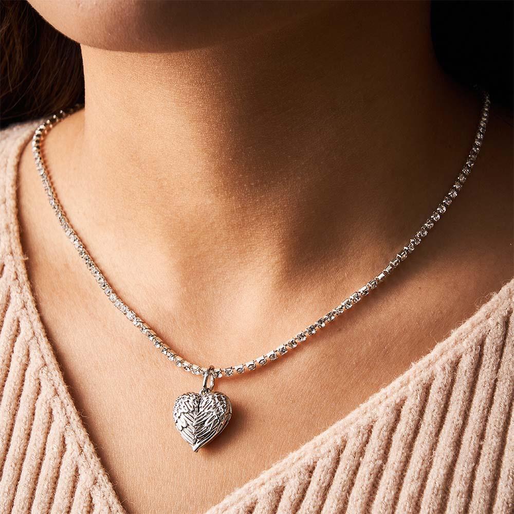 Engravable Photo Locket Necklace Tennis Chain Personalized Heart Angel Wings Gift For Her - yournamenecklaceuk