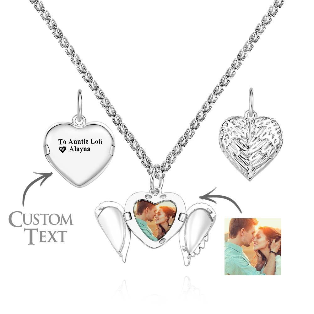 Engravable Photo Locket Necklace Tennis Chain Personalized Heart Angel Wings Gift For Her - yournamenecklaceuk