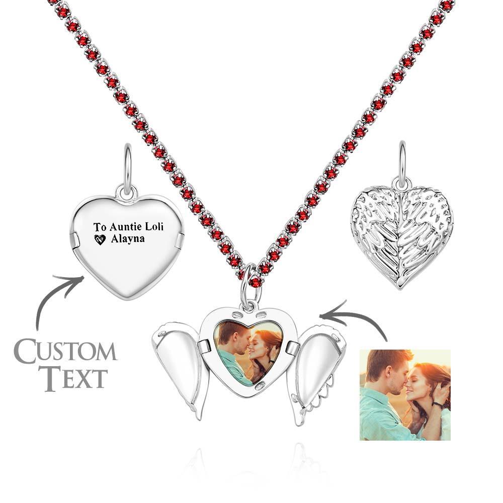 Engravable Photo Locket Necklace Tennis Chain Personalized Heart Angel Wings Gift For Her - yournamenecklaceuk
