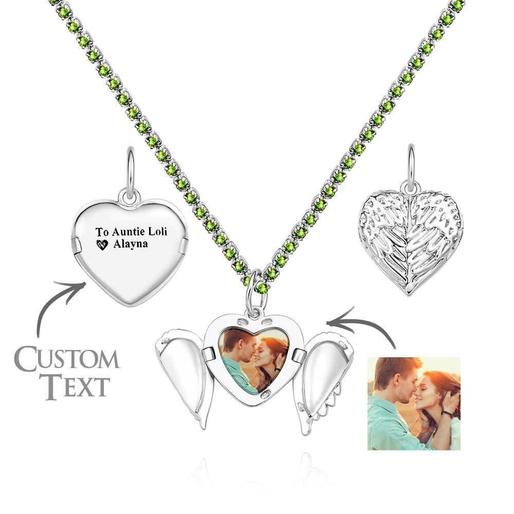 Engravable Photo Locket Necklace Tennis Chain Personalized Heart Angel Wings Gift For Her - yournamenecklaceuk