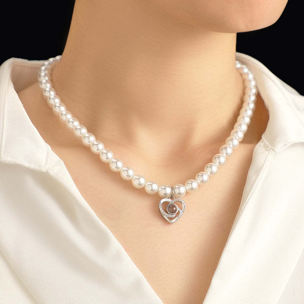 Custom Projection Necklace Pearl Chain Diamond Heart Gift - yournamenecklaceuk