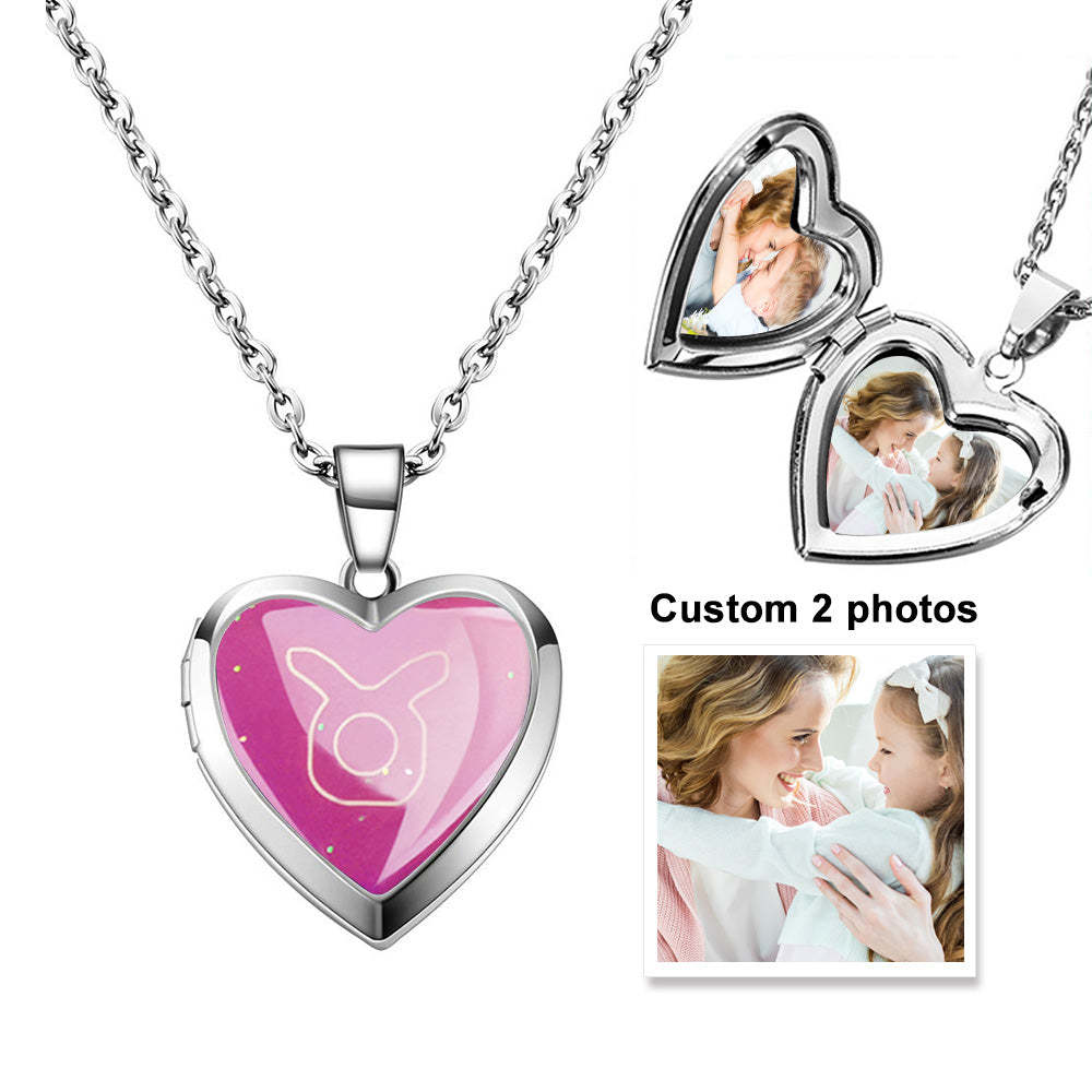 Custom Photo Heart Locket Necklace Twelve Constellations Temperature Sensing Color Changing Pendant Necklace - yournamenecklaceuk
