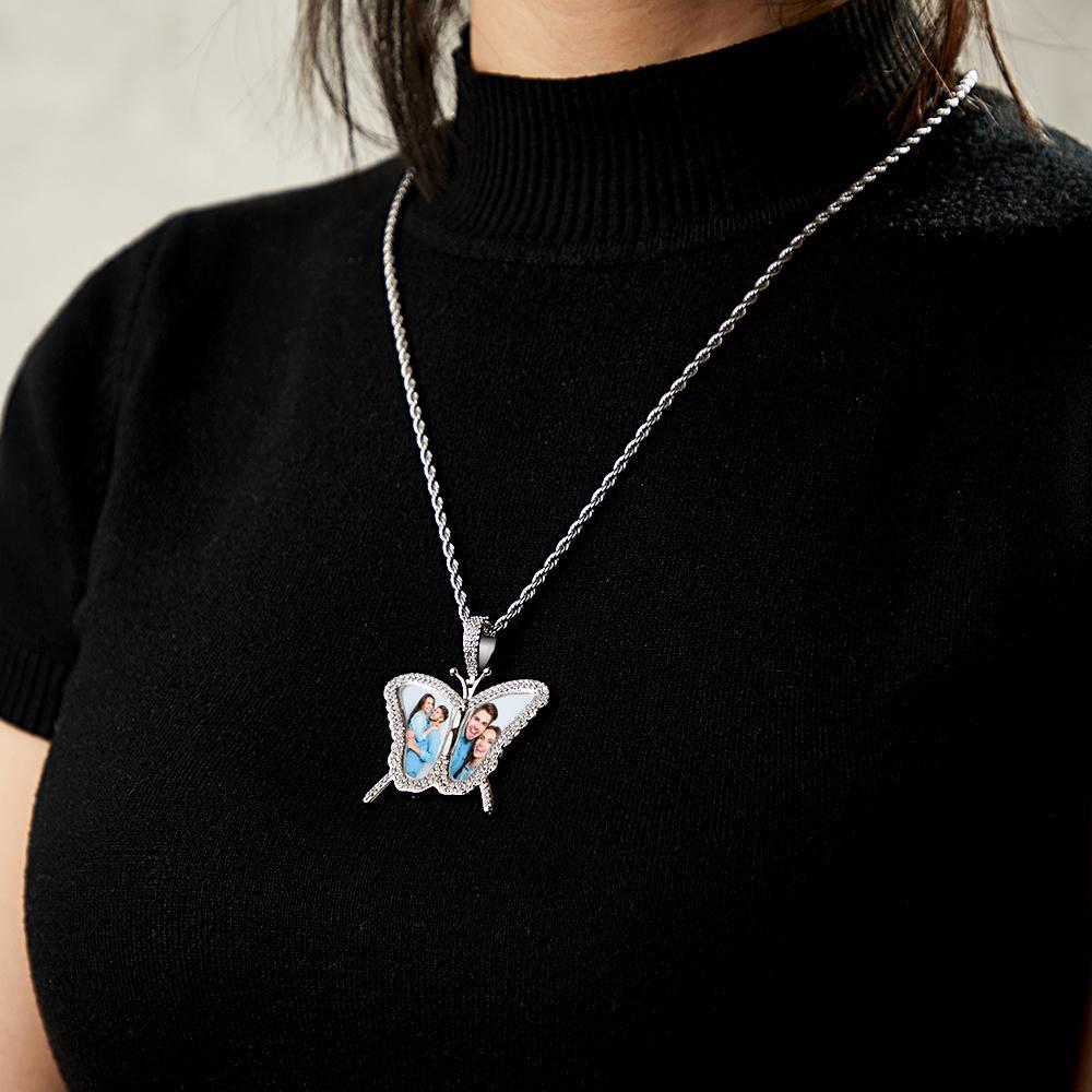 Custom Photo Sweater Chain Necklace Diamond Butterfly  Romantic Gifts - yournamenecklaceuk