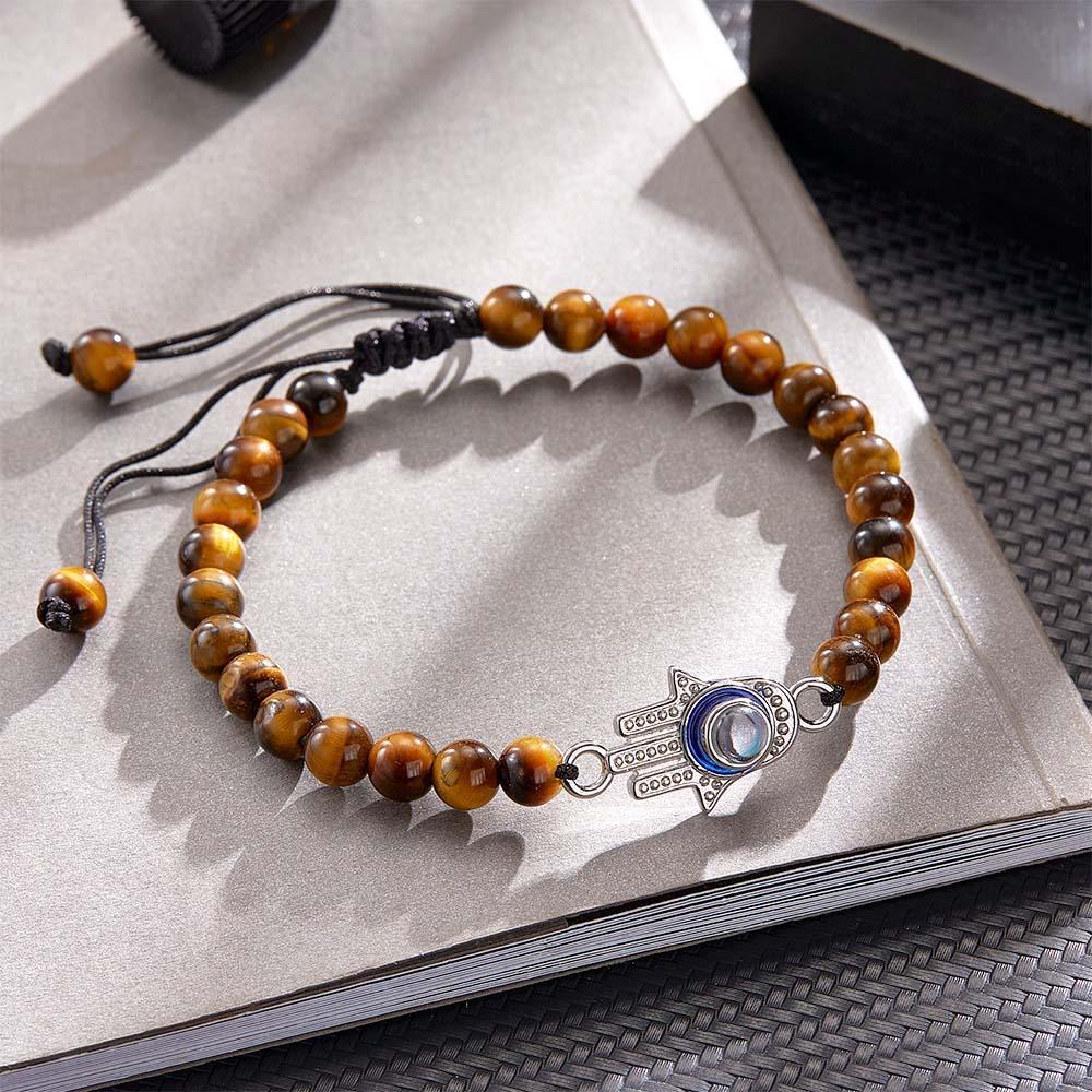 Custom Photo Projection Bracelet Tiger Eye Beaded Hamsa Evil Eye Men's Amulet Bracelet for Him - yournamenecklaceuk