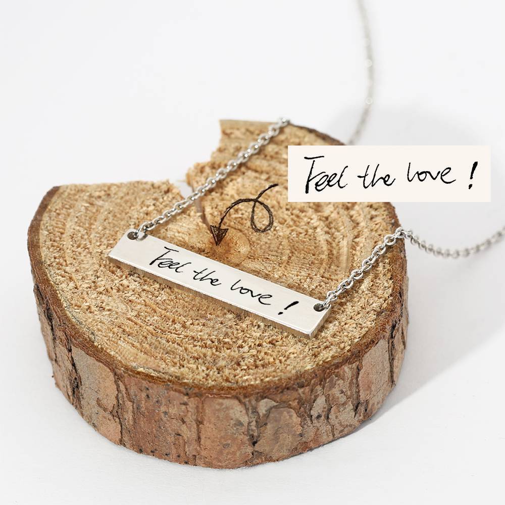 Custom Actual Handwriting Photo Necklace, Engraved Handwriting Bar Necklace Copper in Silver