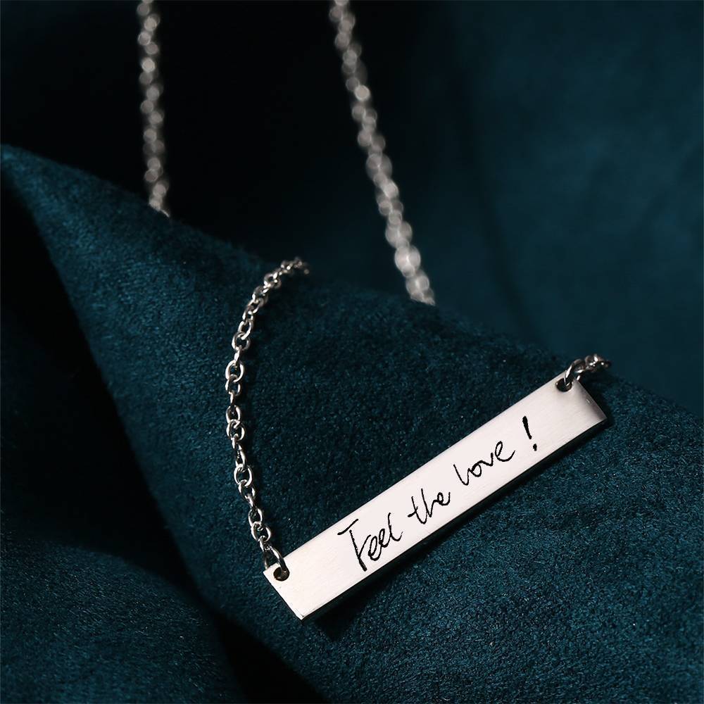 Custom Actual Handwriting Photo Necklace, Engraved Handwriting Bar Necklace Copper in Silver
