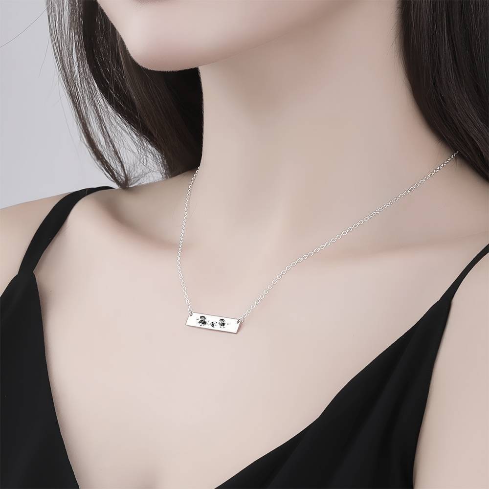 Custom Kids Drawing Photo Neckalce, Children Artwork Bar Neckalce Copper in Silver
