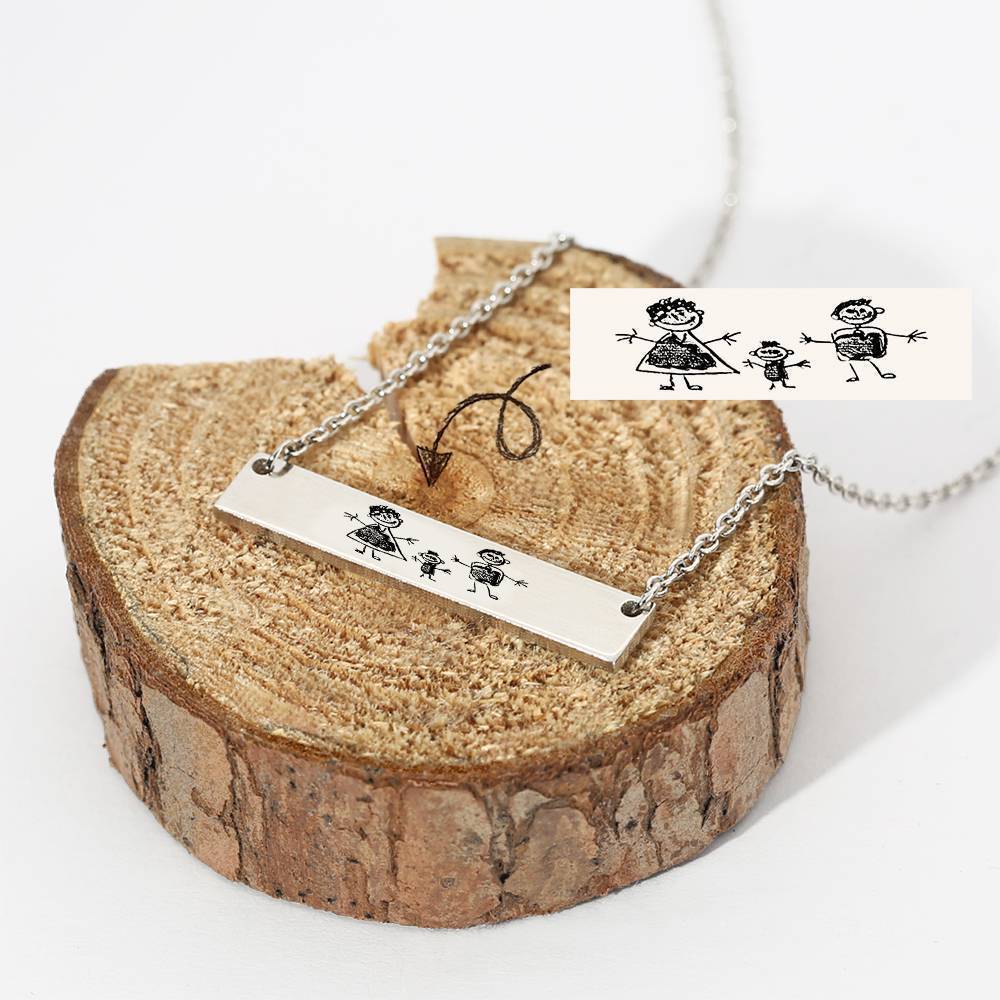 Custom Kids Drawing Photo Neckalce, Children Artwork Bar Neckalce Copper in Silver