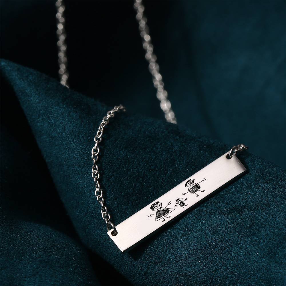 Custom Kids Drawing Photo Neckalce, Children Artwork Bar Neckalce Copper in Silver