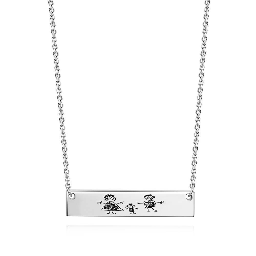 Custom Kids Drawing Photo Neckalce, Children Artwork Bar Neckalce Copper in Silver