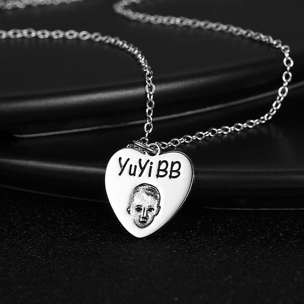 Photo Portrait Necklace with Engraving Heart-shaped, Custom Portrait Jewelry Platinum Plated - Silver - yournamencklaceuk