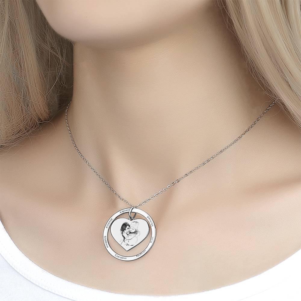 Photo Engraved Necklace Heart In Round Pendant, Family Necklace Platinum Plated - Silver - yournamencklaceuk