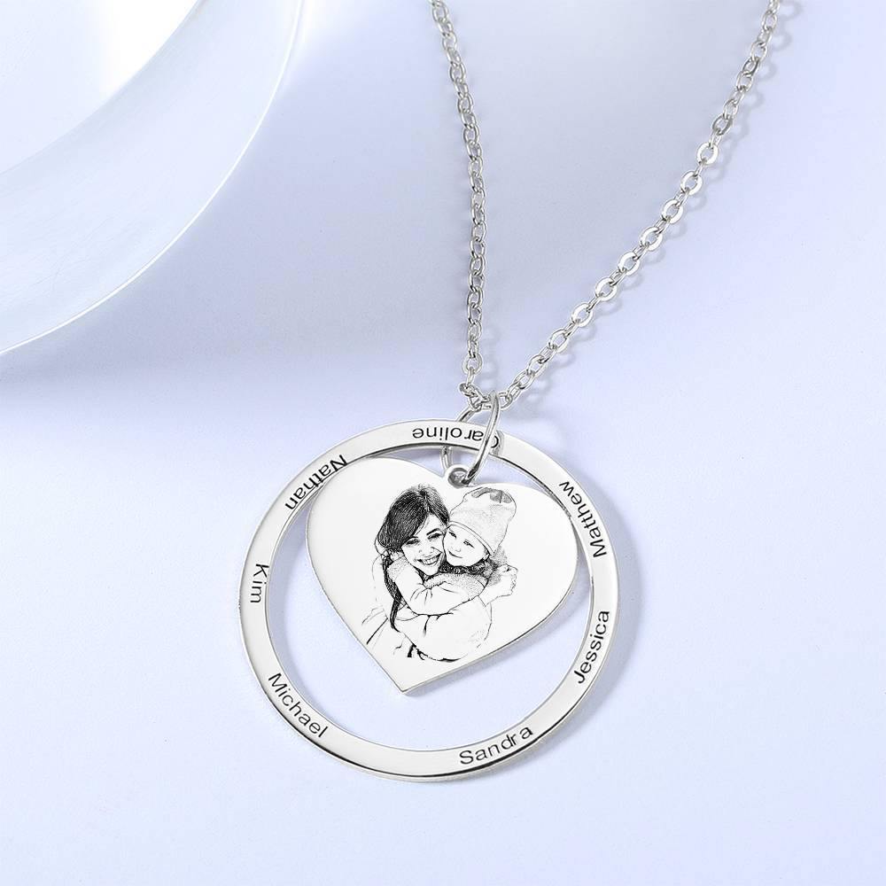 Photo Engraved Necklace Heart In Round Pendant, Family Necklace Platinum Plated - Silver - yournamencklaceuk